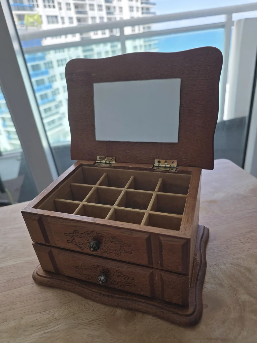 Vintage Brown Wooden Jewelry Organizer with Mirror